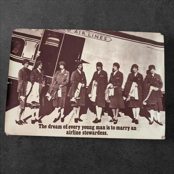 Vintage 1950s Airline Stewardess Poster United Airlines Crew Sepia 23x32